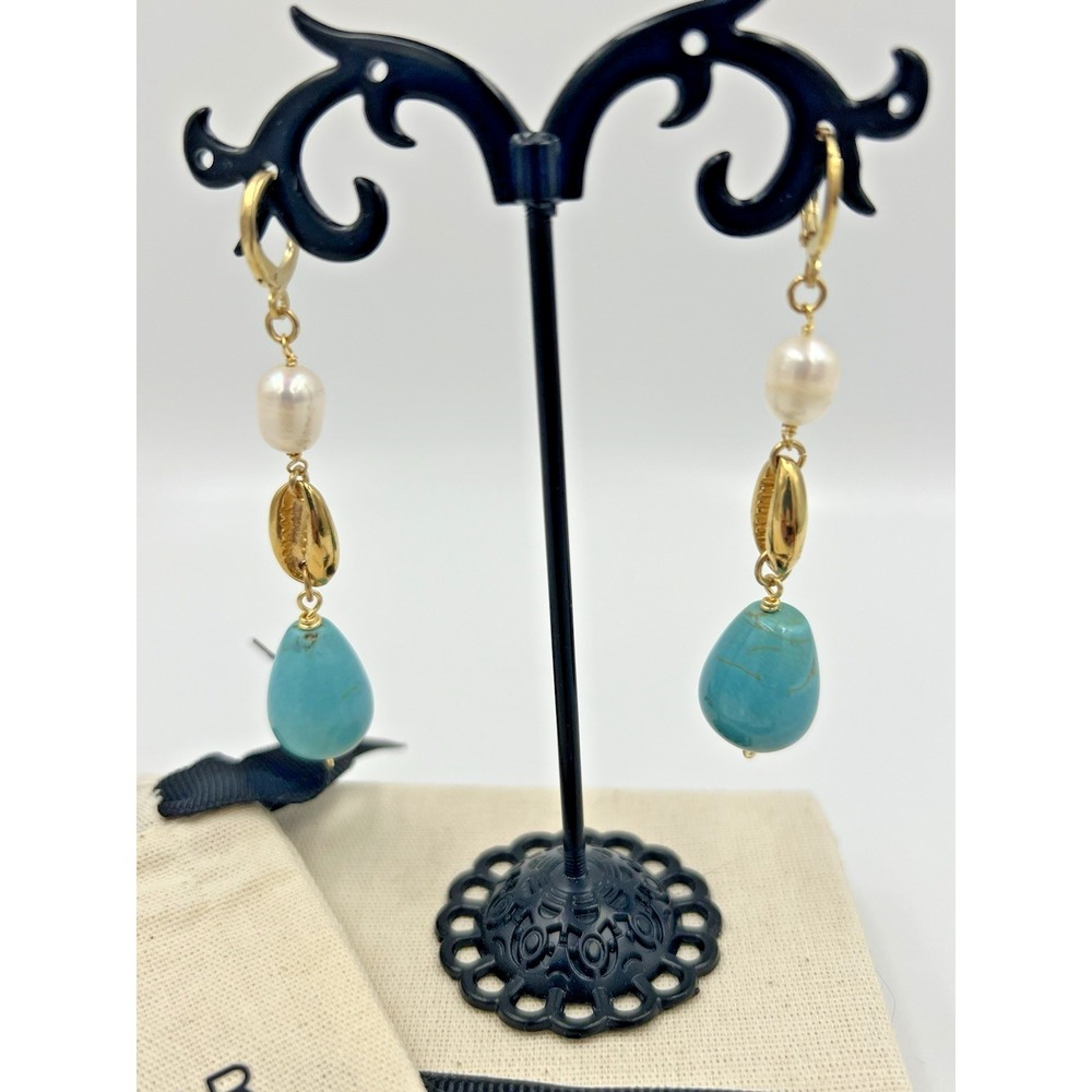 Mayamar Gold Plated Faux Pearls and Faux Turquoise Stone Drop Earrings - Picture 2 of 5